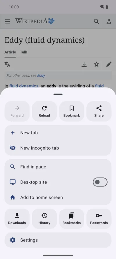 The page menu open from the bottom bar